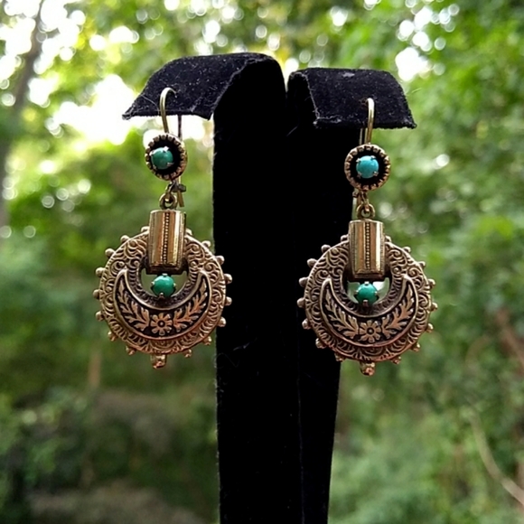 c.1800s VICTORIAN 14K Gold Turquoise Drop Earrings ANTIQUE - Picture 3 of 12